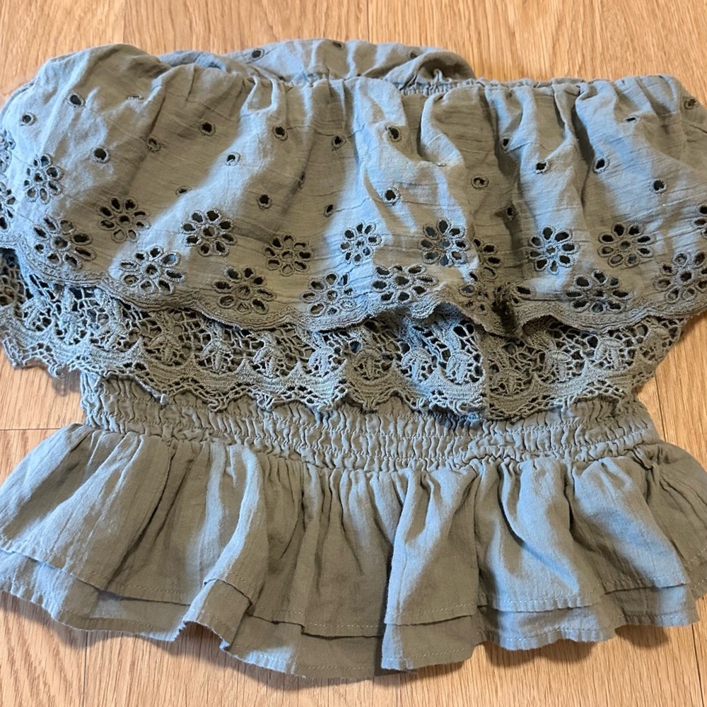 American Eagle Outfitters Olive Ruffle Top cropped off the shoulder Tube Top - Picture 5 of 7